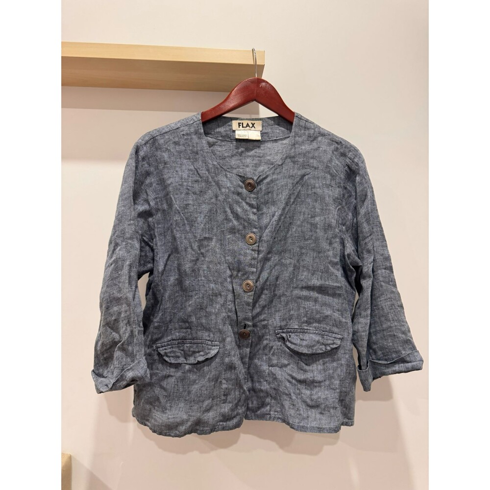 Flax Womens S Cardigan Jacket Blue 3/4 Sleeve Cuffs 100% Linen Luxury Lagenlook